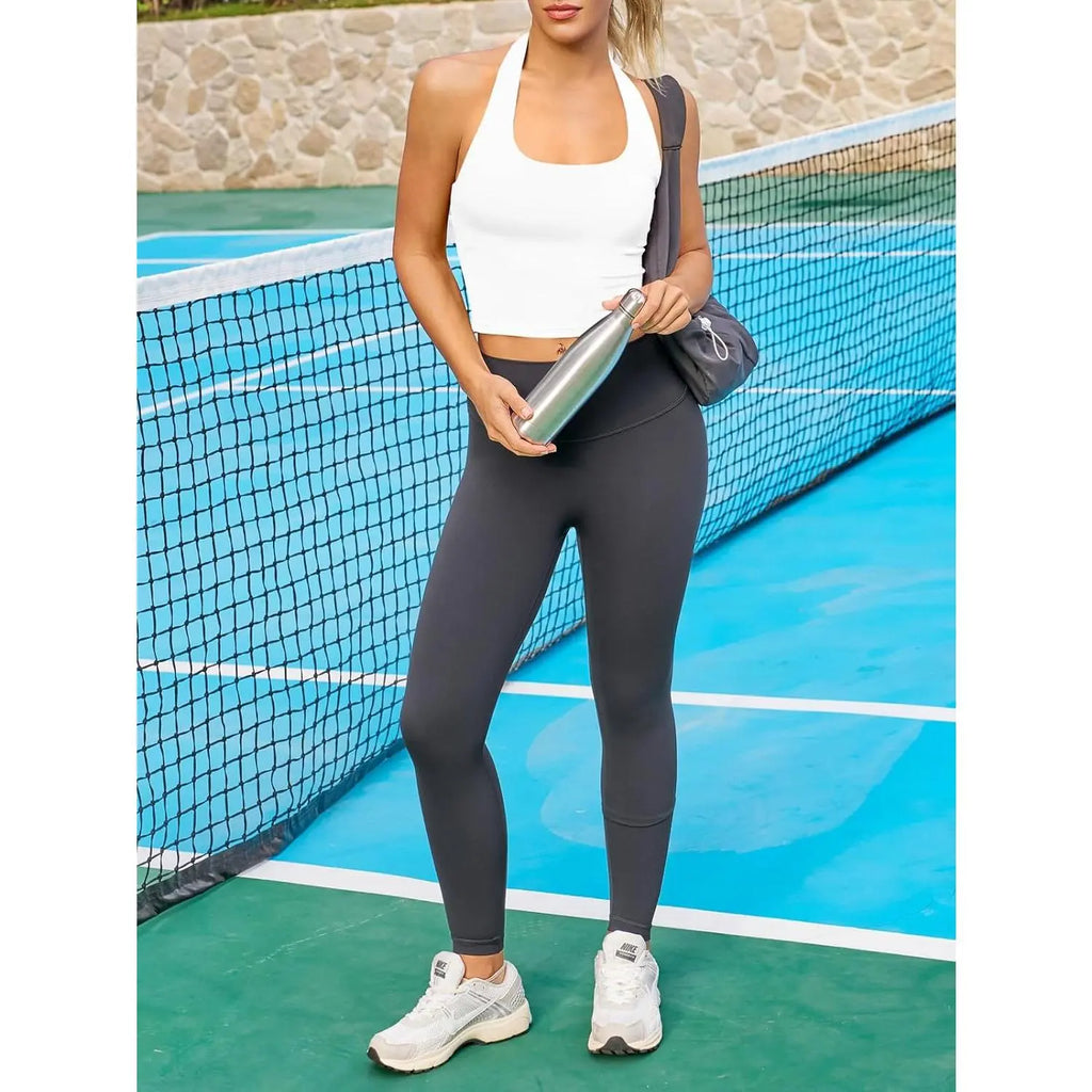 Aoysky Womens Buttery Soft Halter Workout Tank Tops with Built in Bra Cropped Padded Open Back Gym Longline Sports Bras