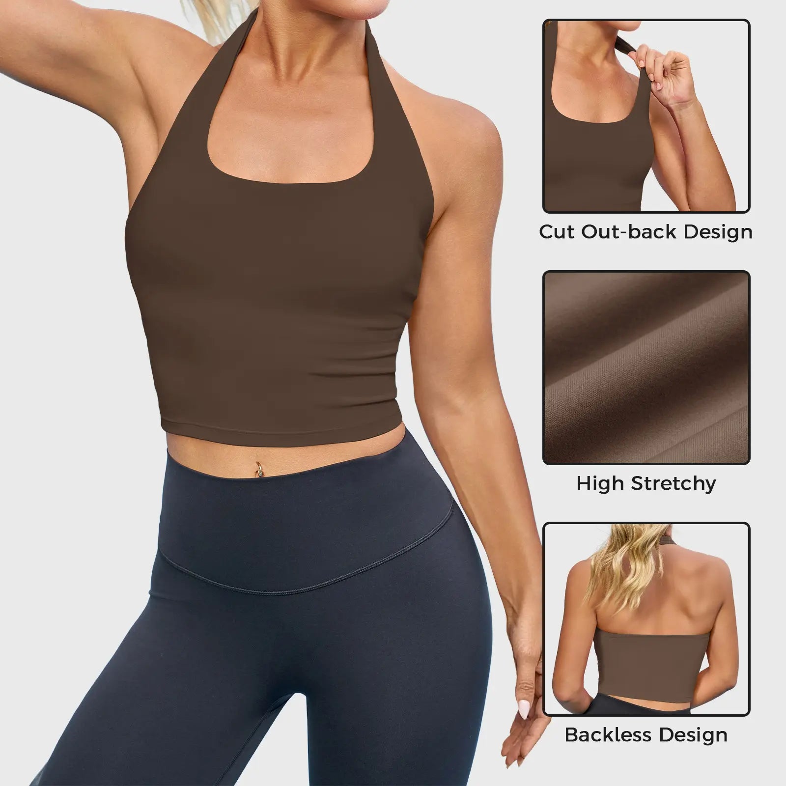 Aoysky Womens Buttery Soft Halter Workout Tank Tops with Built in Bra Cropped Padded Open Back Gym Longline Sports Bras