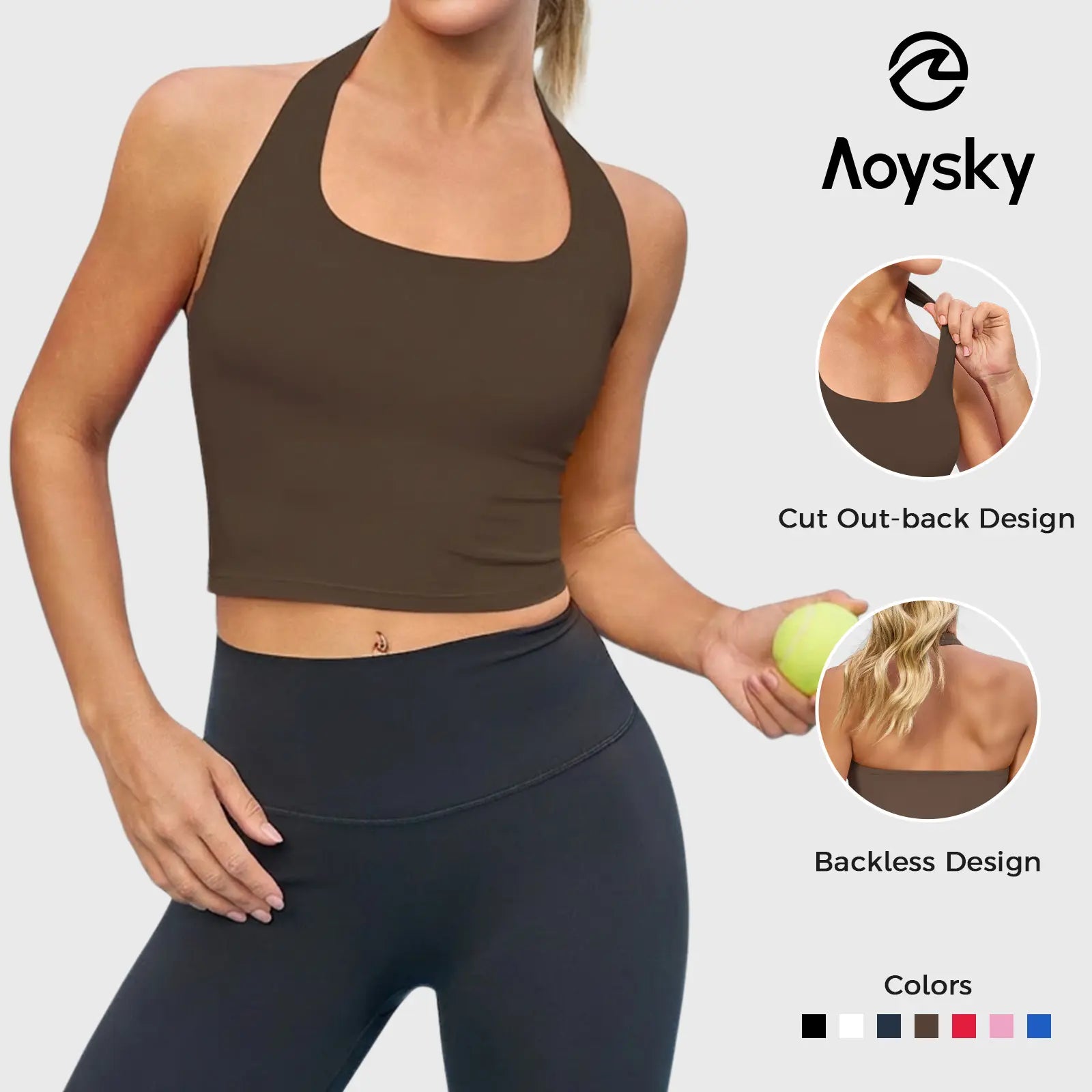 Aoysky Womens Buttery Soft Halter Workout Tank Tops with Built in Bra Cropped Padded Open Back Gym Longline Sports Bras