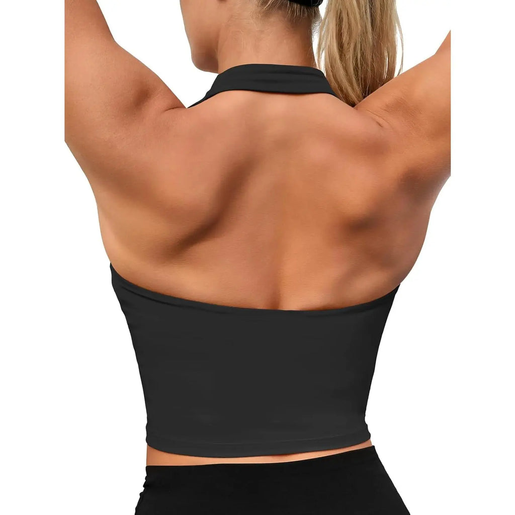 Aoysky Womens Buttery Soft Halter Workout Tank Tops with Built in Bra Cropped Padded Open Back Gym Longline Sports Bras